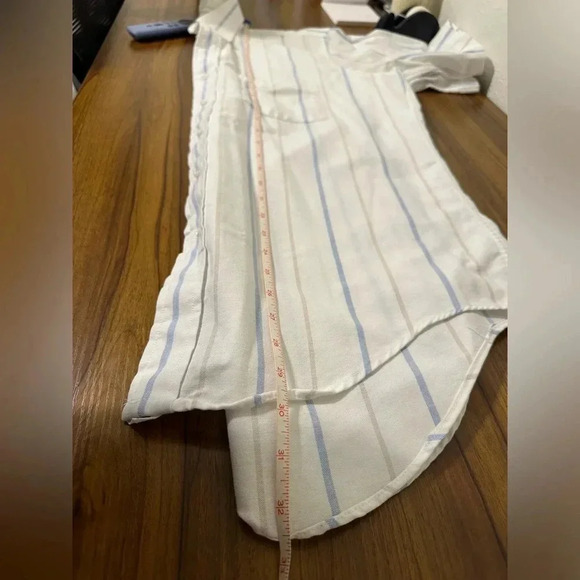 Men’s Arrow Dover White, Tan And Blue Striped With Pocket Button Down Shirt 16.5 - Picture 7 of 11